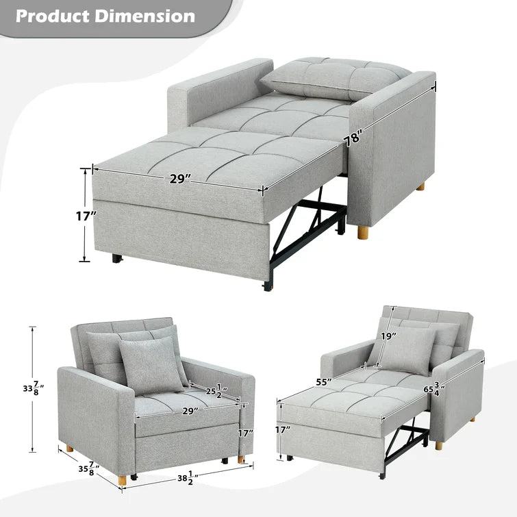 39" Upholstered Convertible Chair Bed with 2 Pillows