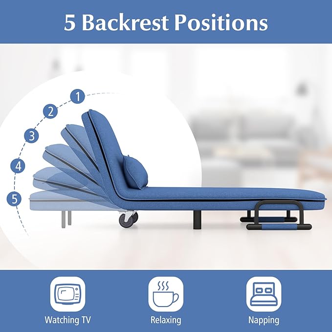 Convertible Sofa Bed Folding Arm Chair Sleeper Leisure Recliner Lounge Couch (Blue)