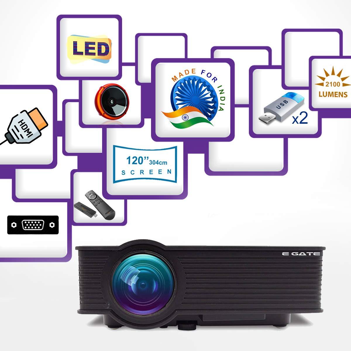 EGate i9 Pro ( 2 Year Warranty) I Full HD 1080p Modulated at 720p Base | 2100L (180 ANSI) with 120 " ( 3.04 m Display) I LED Projector | VGA, AV, HDMI, USB, SD |(EGi9 /Classic) (Black)