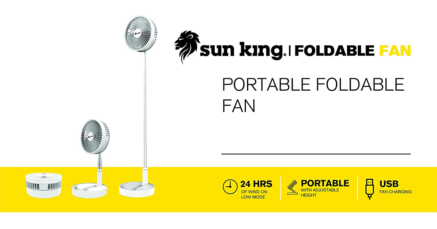 Sun King Pedestal Silent and Portable High Speed Foldable Table Fan with USB Charging Feature | White