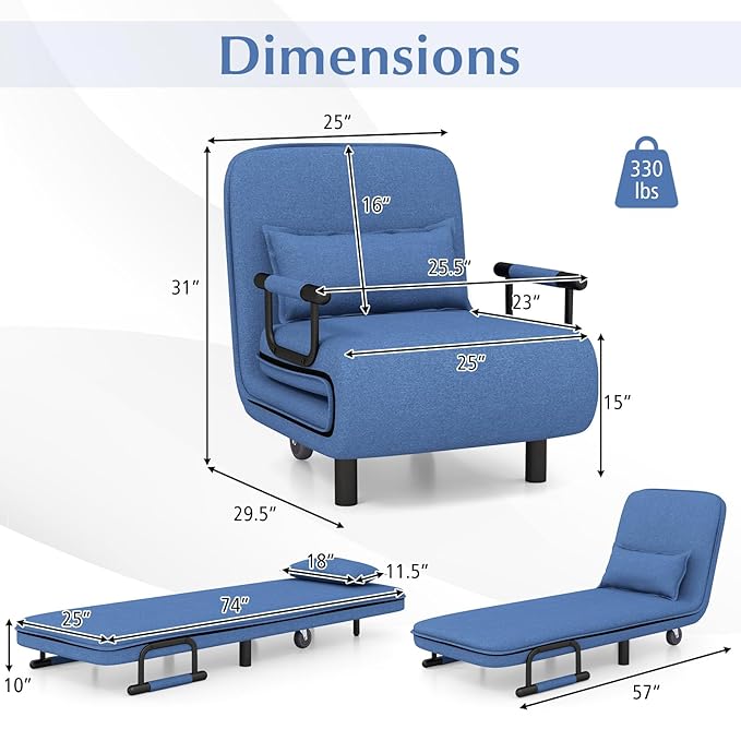 Convertible Sofa Bed Folding Arm Chair Sleeper Leisure Recliner Lounge Couch (Blue)