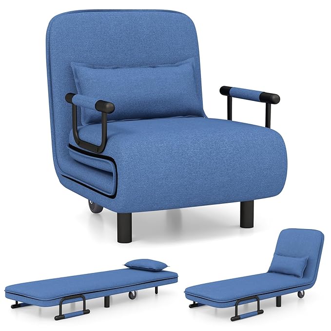 Convertible Sofa Bed Folding Arm Chair Sleeper Leisure Recliner Lounge Couch (Blue)