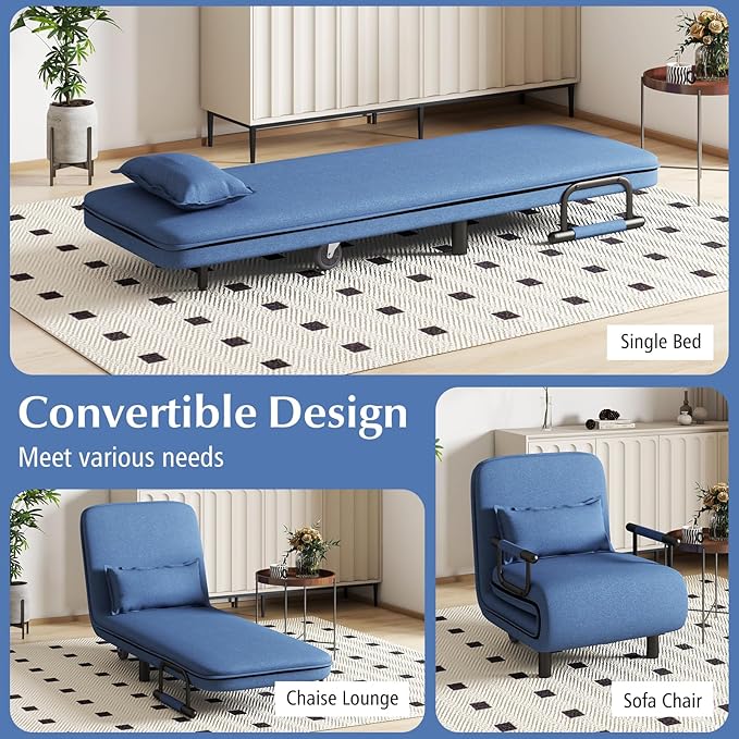 Convertible Sofa Bed Folding Arm Chair Sleeper Leisure Recliner Lounge Couch (Blue)