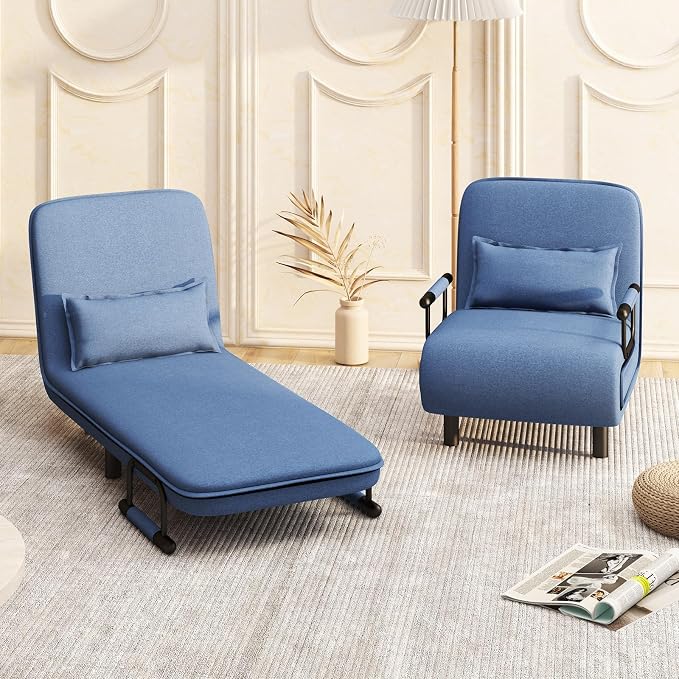 Convertible Sofa Bed Folding Arm Chair Sleeper Leisure Recliner Lounge Couch (Blue)