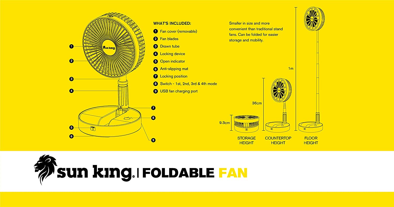 Sun King Pedestal Silent and Portable High Speed Foldable Table Fan with USB Charging Feature | White