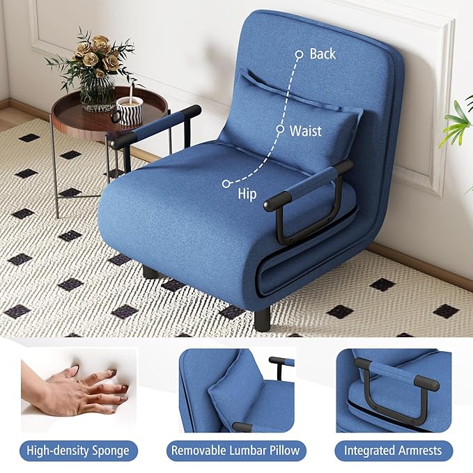 Convertible Sofa Bed Folding Arm Chair Sleeper Leisure Recliner Lounge Couch (Blue)