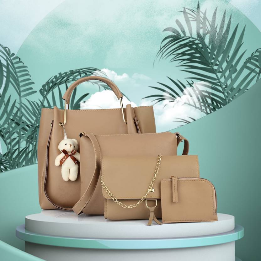 Women's PU Leather Handbag Combo (4-Teddy-Cream)