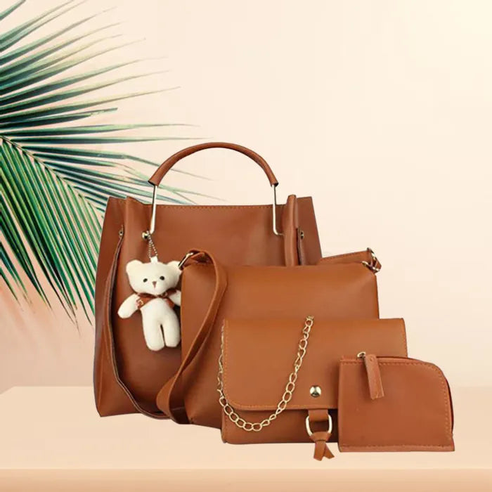 Women's PU Leather Handbag Combo (4-Teddy-Tan)