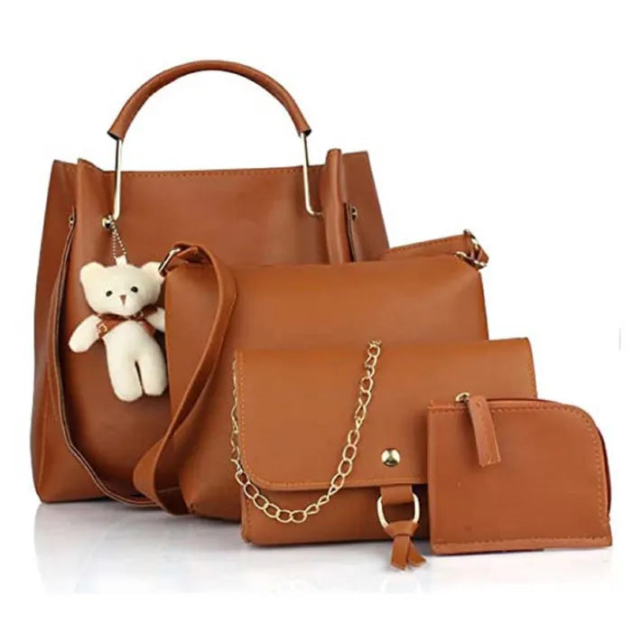 Women's PU Leather Handbag Combo (4-Teddy-Tan)